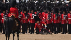 At least three troops have fainted in the heat this afternoon during a royal military parade on Saturday (Credit: Sky News)
