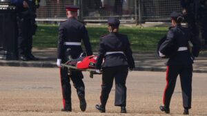 At least three troops have fainted in the heat this afternoon during a royal military parade on Saturday.